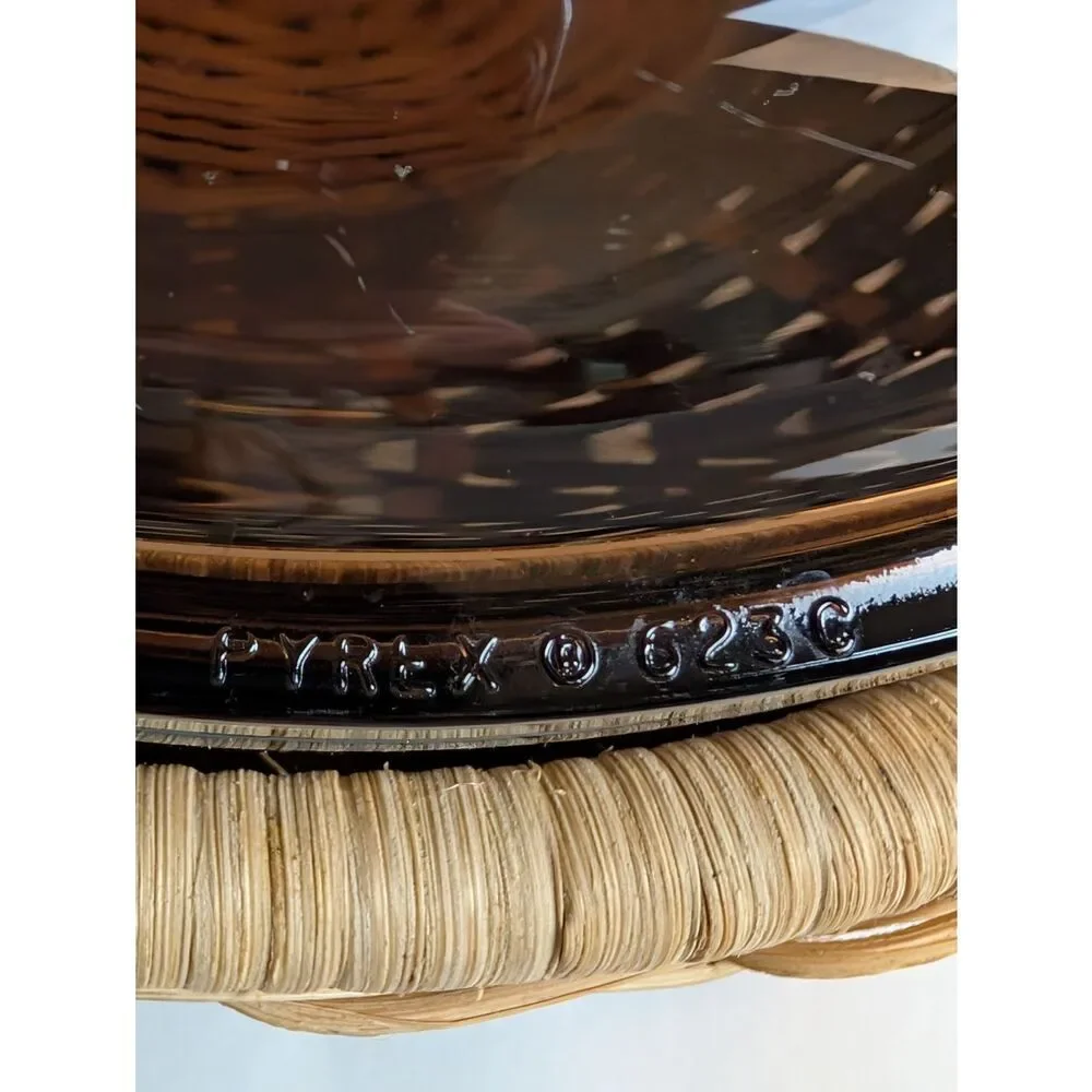 Vintage Pyrex Visions Amber Glass Covered Casserole with Woven Basket Carrier
